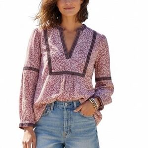 Faherty Aurora Organic Cotton Mauve Leave Print V Neck Boho Top Women Size M